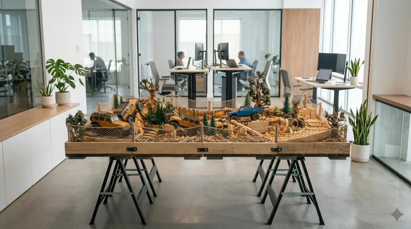 Sudionici team buildinga upravljaju mini offroad vozilima na stazi s preprekama postavljenoj u uredu
